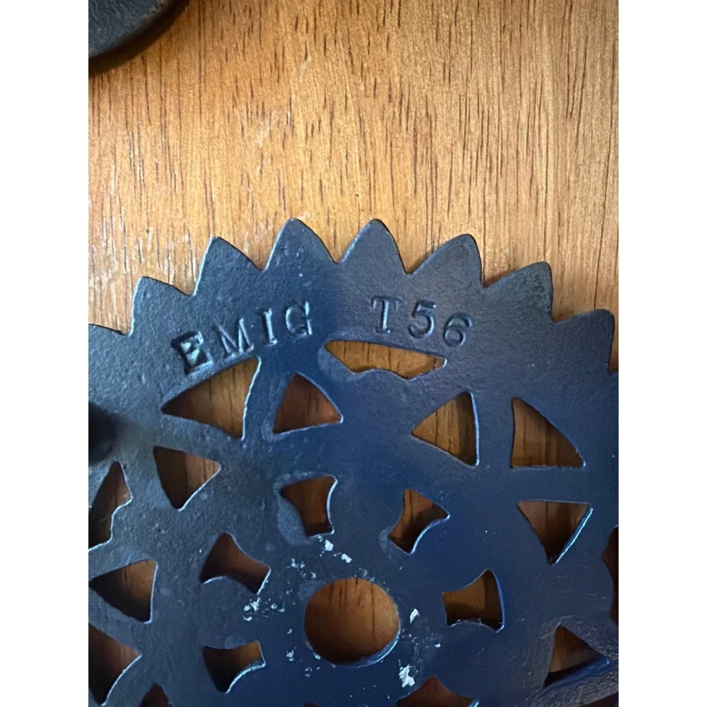 Vintage Emig Cast Iron Trivets Set of 2 Tulip Heart Starburst Navy T56 12